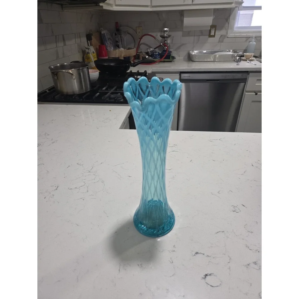 Fenton Blue Glass Opalescent Swung Vase 11 inches Tall